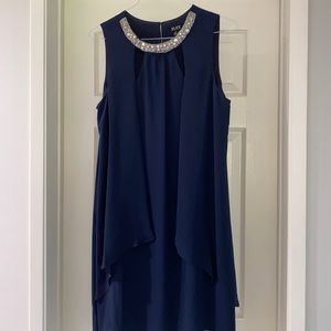 Navy chiffon dress with pearl and sequin neckline